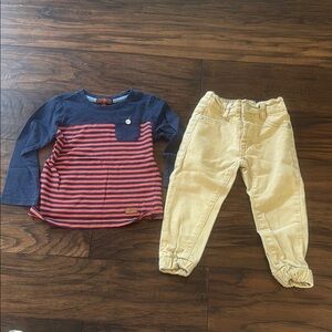 Striped Navy and Red Long Sleeve Shirt with Tan Pants